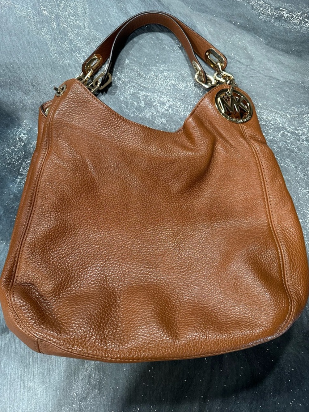 Michael Kors Pebbled Leather Tote in Cognac Brown with Gold Logo Charm
